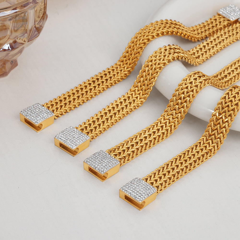 New Cross-border Style New Design Fashionable Wide Titanium Steel Gold-plated Diamond Watch Chain Jewelry Bracelet  Wholesale