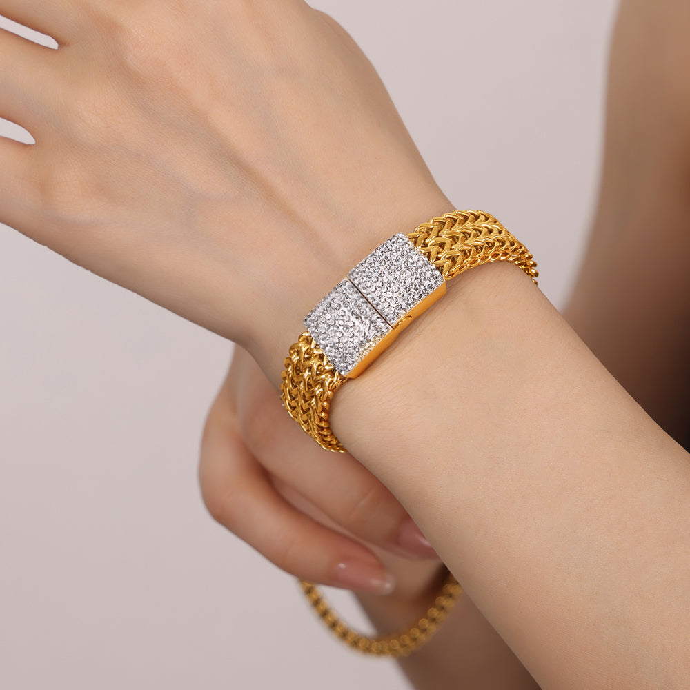 New Cross-border Style New Design Fashionable Wide Titanium Steel Gold-plated Diamond Watch Chain Jewelry Bracelet  Wholesale