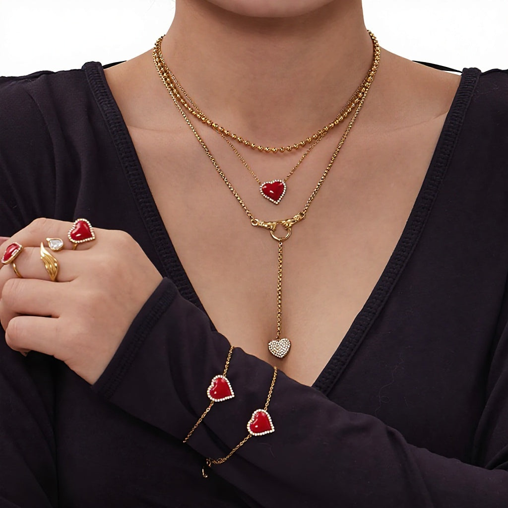 Fashion Stainless Steel Red Heart Pendant Zircon Inlaid Earrings Bracelet Light Luxury Fashion Elegant Open Ring Tassel Necklace