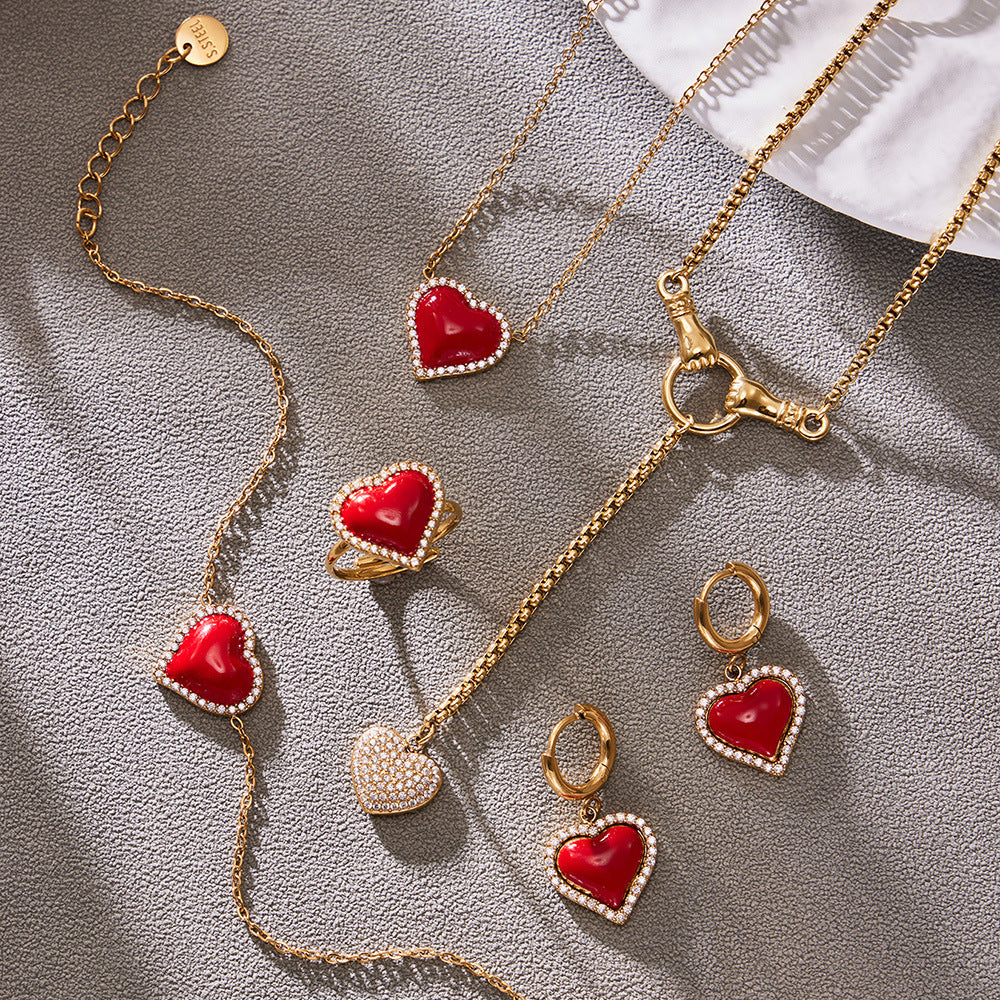 Fashion Stainless Steel Red Heart Pendant Zircon Inlaid Earrings Bracelet Light Luxury Fashion Elegant Open Ring Tassel Necklace