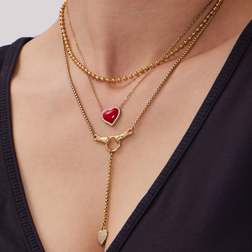 Fashion Stainless Steel Red Heart Pendant Zircon Inlaid Earrings Bracelet Light Luxury Fashion Elegant Open Ring Tassel Necklace