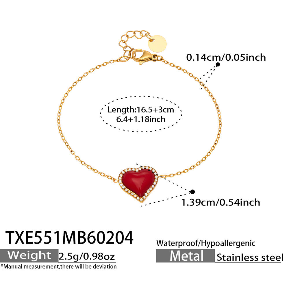 Fashion Stainless Steel Red Heart Pendant Zircon Inlaid Earrings Bracelet Light Luxury Fashion Elegant Open Ring Tassel Necklace