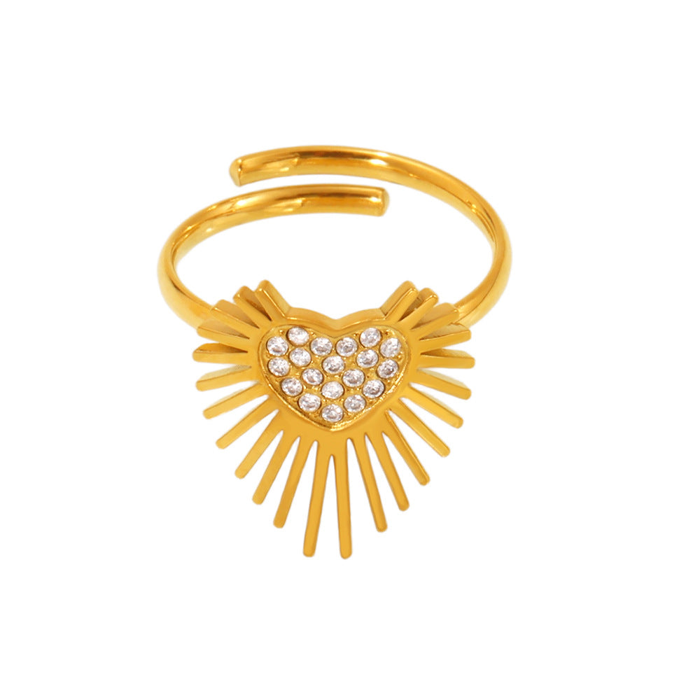 Fashion Sparkling Wing Heart Ring for Women Stainless Steel CZ Ring Adjustable Open Circle Ring