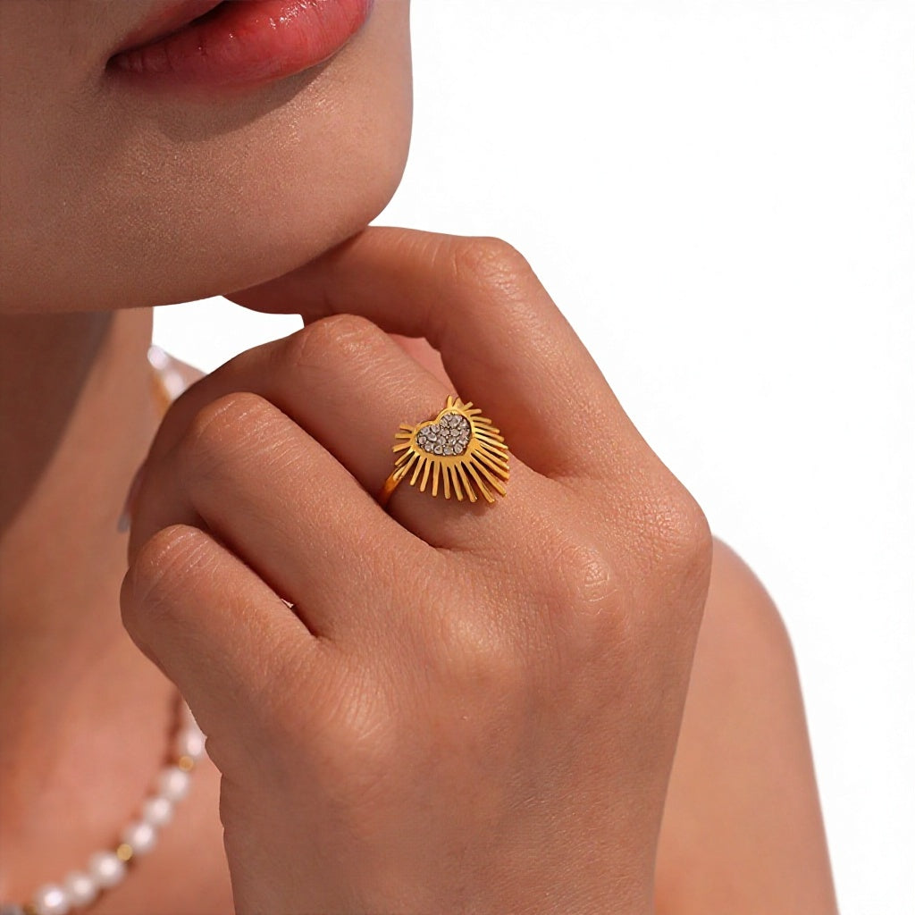 Fashion Sparkling Wing Heart Ring for Women Stainless Steel CZ Ring Adjustable Open Circle Ring