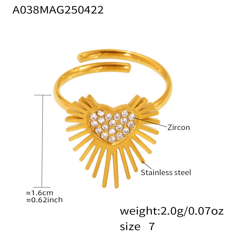 Fashion Sparkling Wing Heart Ring for Women Stainless Steel CZ Ring Adjustable Open Circle Ring