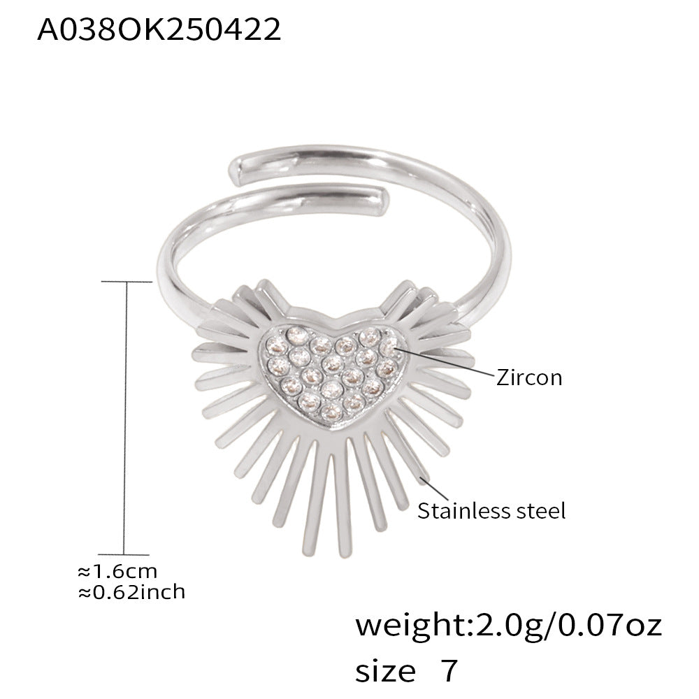 Fashion Sparkling Wing Heart Ring for Women Stainless Steel CZ Ring Adjustable Open Circle Ring