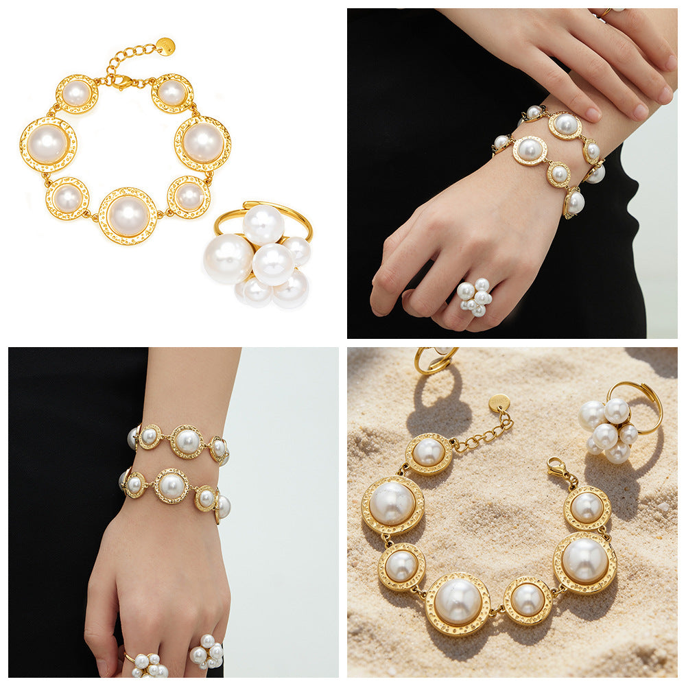Fashion Adjustable Ring Bangle with Large Resin Beads 18K Gold Plated Stainless Steel High Gloss Jewelry Wedding Party Gift