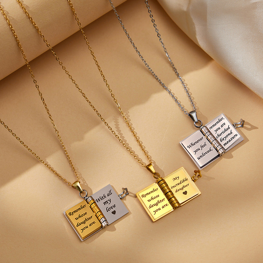 Enigma Sweet Home Series Pearl Book Pendant Clavicle Chain 18k Gold Plated Stainless Steel Sporty Necklace