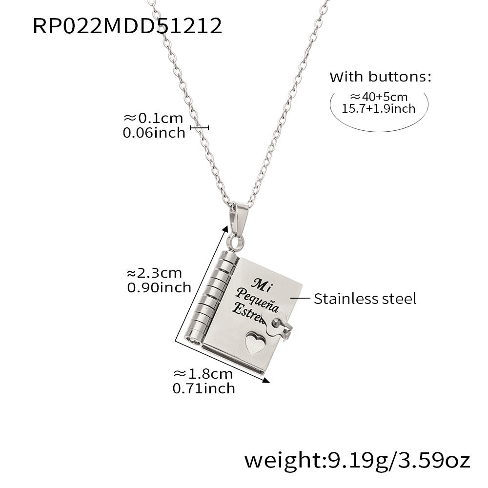 Enigma Sweet Home Series Pearl Book Pendant Clavicle Chain 18k Gold Plated Stainless Steel Sporty Necklace