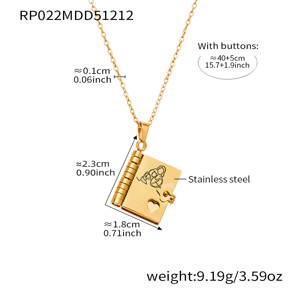 Enigma Sweet Home Series Pearl Book Pendant Clavicle Chain 18k Gold Plated Stainless Steel Sporty Necklace