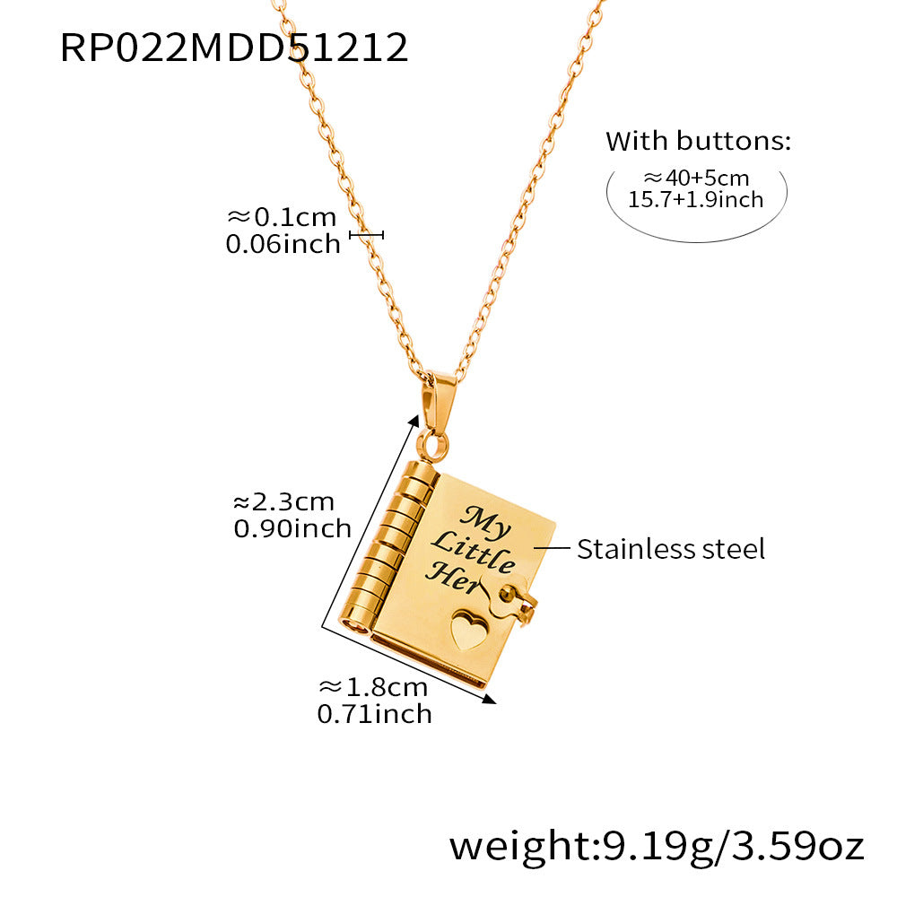 Enigma Sweet Home Series Pearl Book Pendant Clavicle Chain 18k Gold Plated Stainless Steel Sporty Necklace