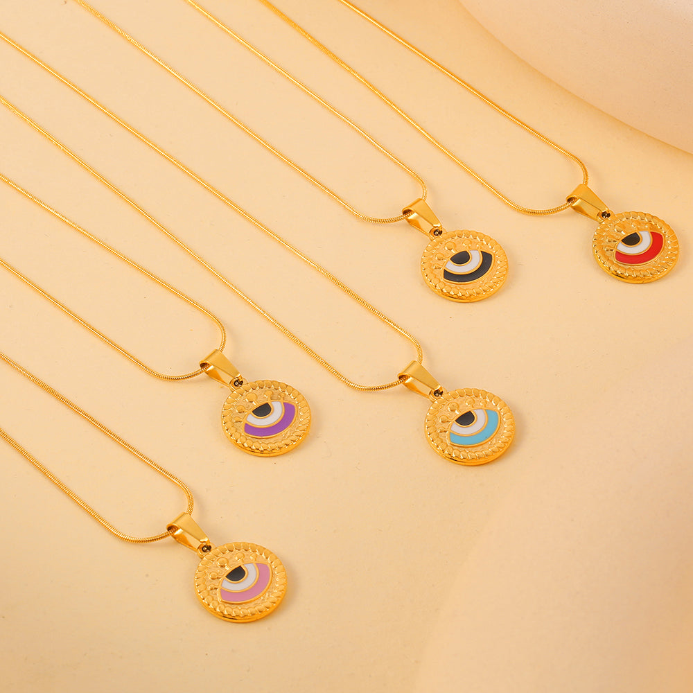 Retro Drop Oil Design Sense Snake Bone Chain Jewelry Cameo Textured Devil's Eye Pendant Stainless Steel Necklace