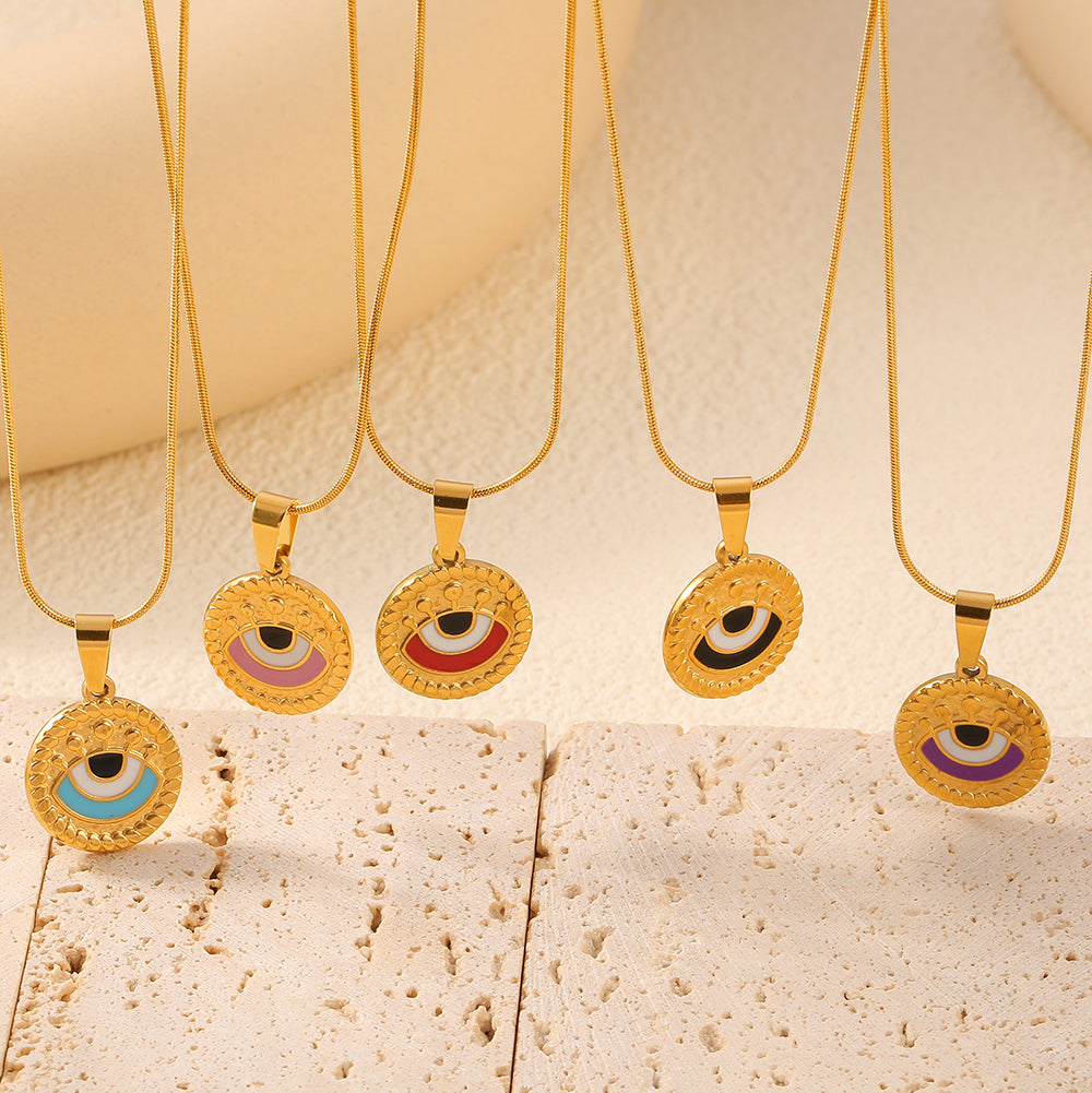 Retro Drop Oil Design Sense Snake Bone Chain Jewelry Cameo Textured Devil's Eye Pendant Stainless Steel Necklace