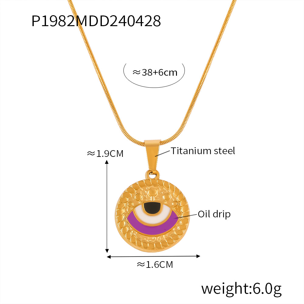 Retro Drop Oil Design Sense Snake Bone Chain Jewelry Cameo Textured Devil's Eye Pendant Stainless Steel Necklace
