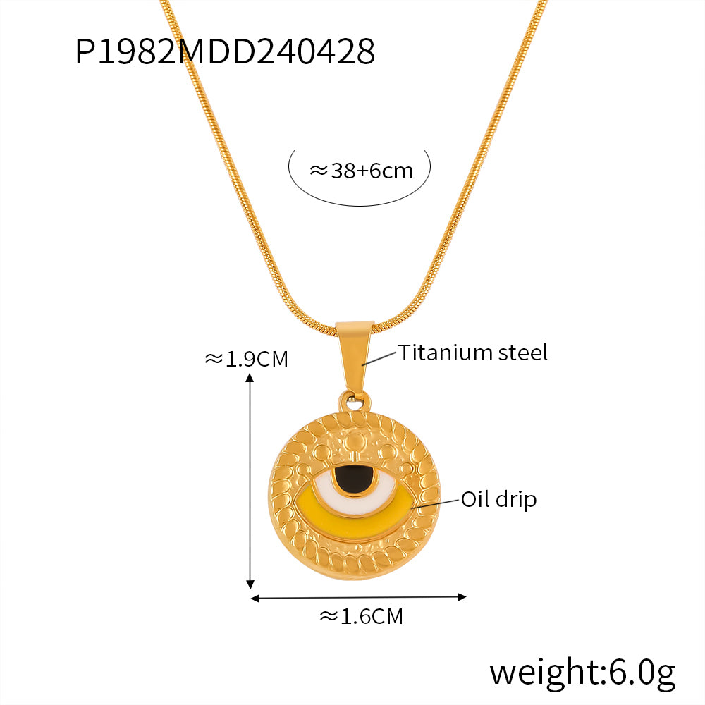 Retro Drop Oil Design Sense Snake Bone Chain Jewelry Cameo Textured Devil's Eye Pendant Stainless Steel Necklace