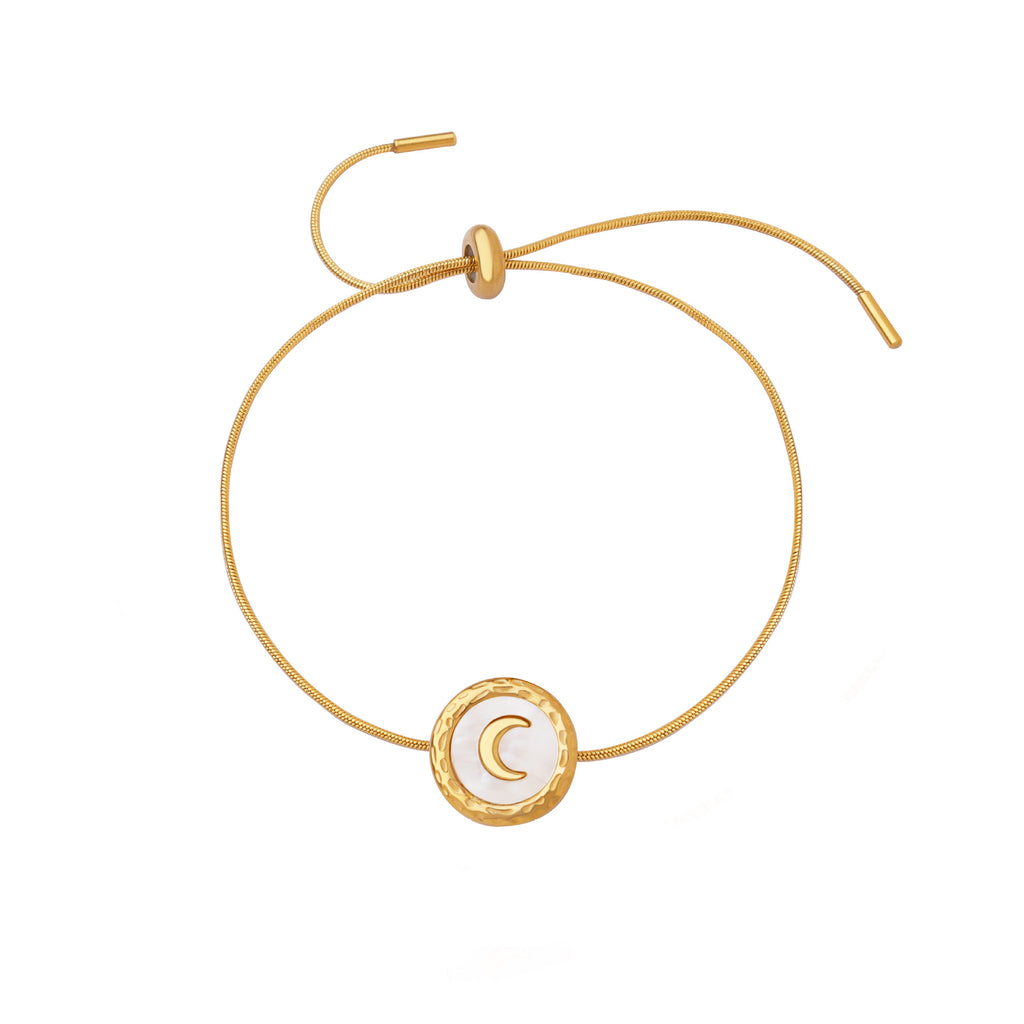 Classic Slide Knot Rope Bracelet with Natural White Mother of Pearl Moon Pendant, Stainless Steel Hypoallergenic Jewelry