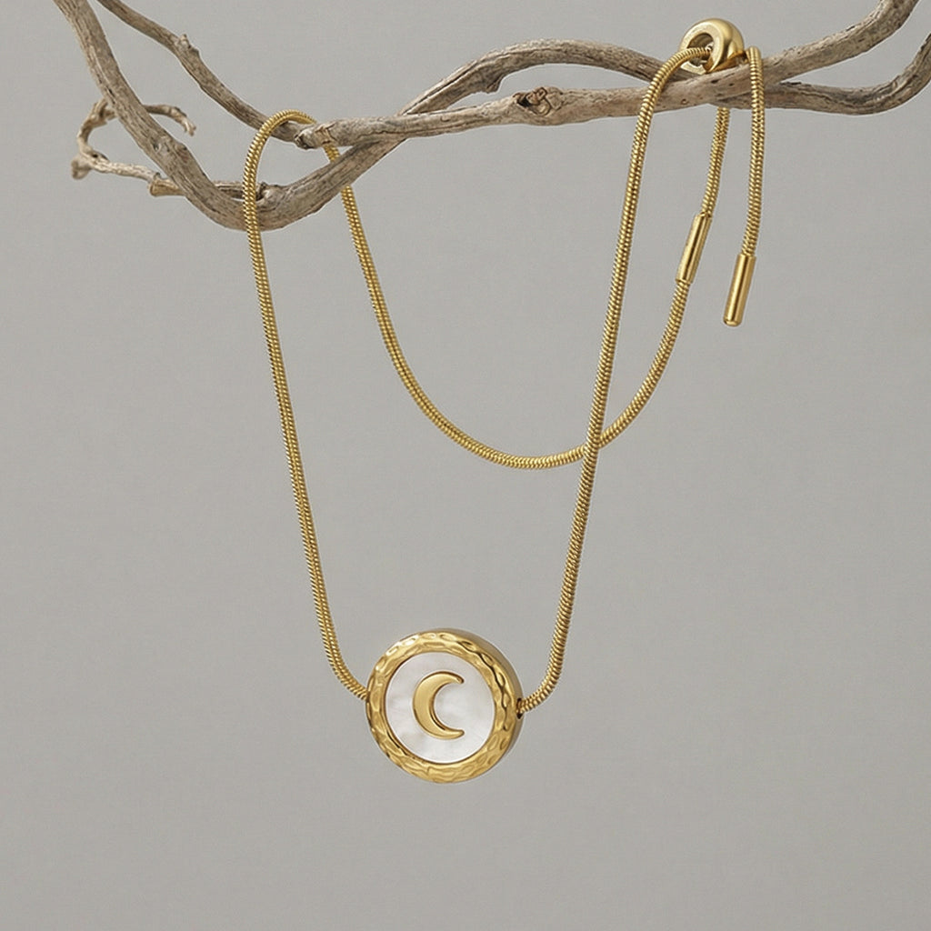 Classic Slide Knot Rope Bracelet with Natural White Mother of Pearl Moon Pendant, Stainless Steel Hypoallergenic Jewelry