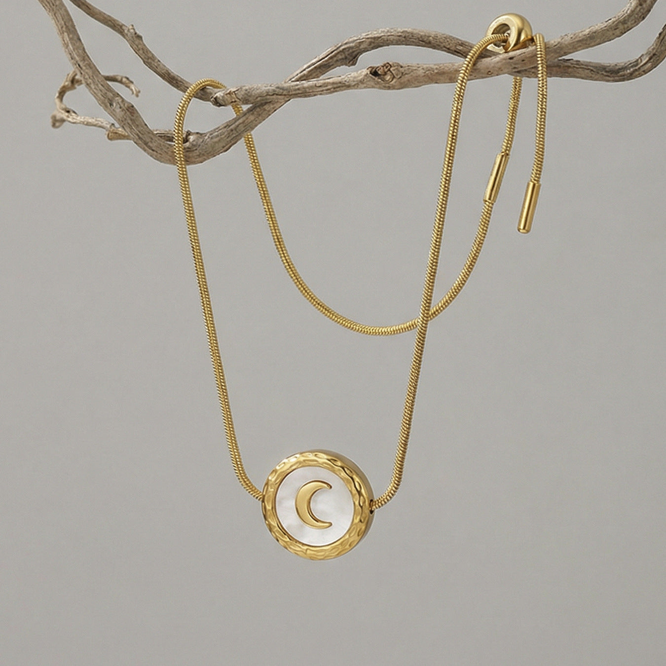 Classic Slide Knot Rope Bracelet with Natural White Mother of Pearl Moon Pendant, Stainless Steel Hypoallergenic Jewelry