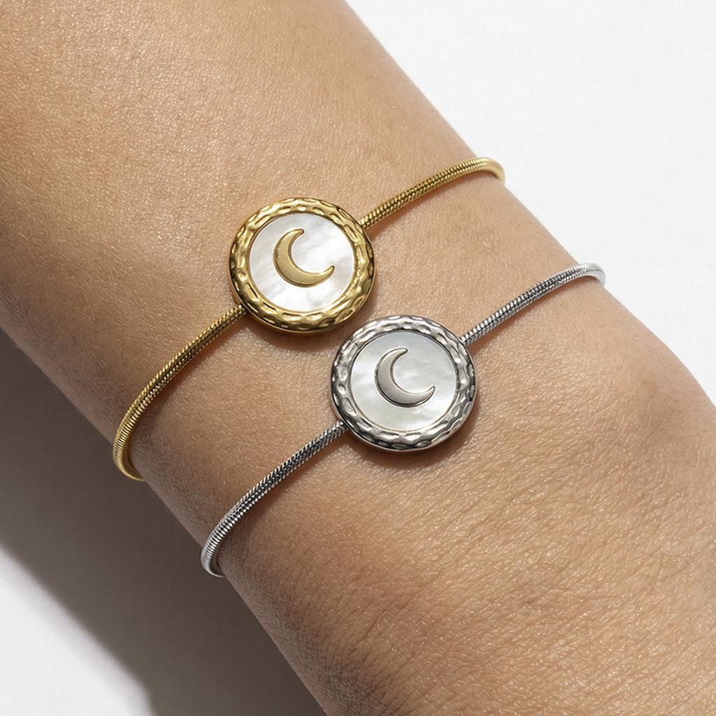 Classic Slide Knot Rope Bracelet with Natural White Mother of Pearl Moon Pendant, Stainless Steel Hypoallergenic Jewelry
