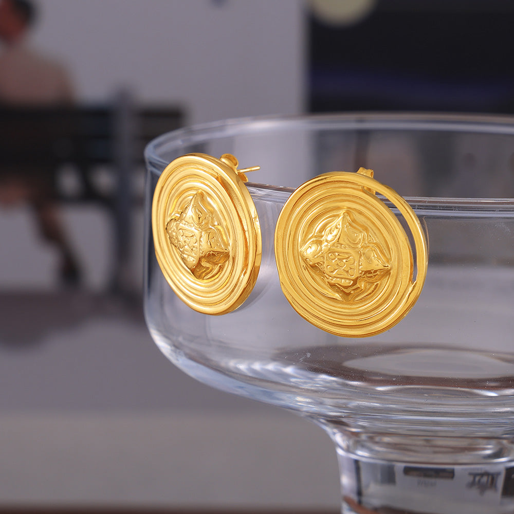 Personality Ins Style Niche Jewelry Texture Round Brand Design Sense Geometric Pattern Stainless Steel Gold-plated Stud Earrings