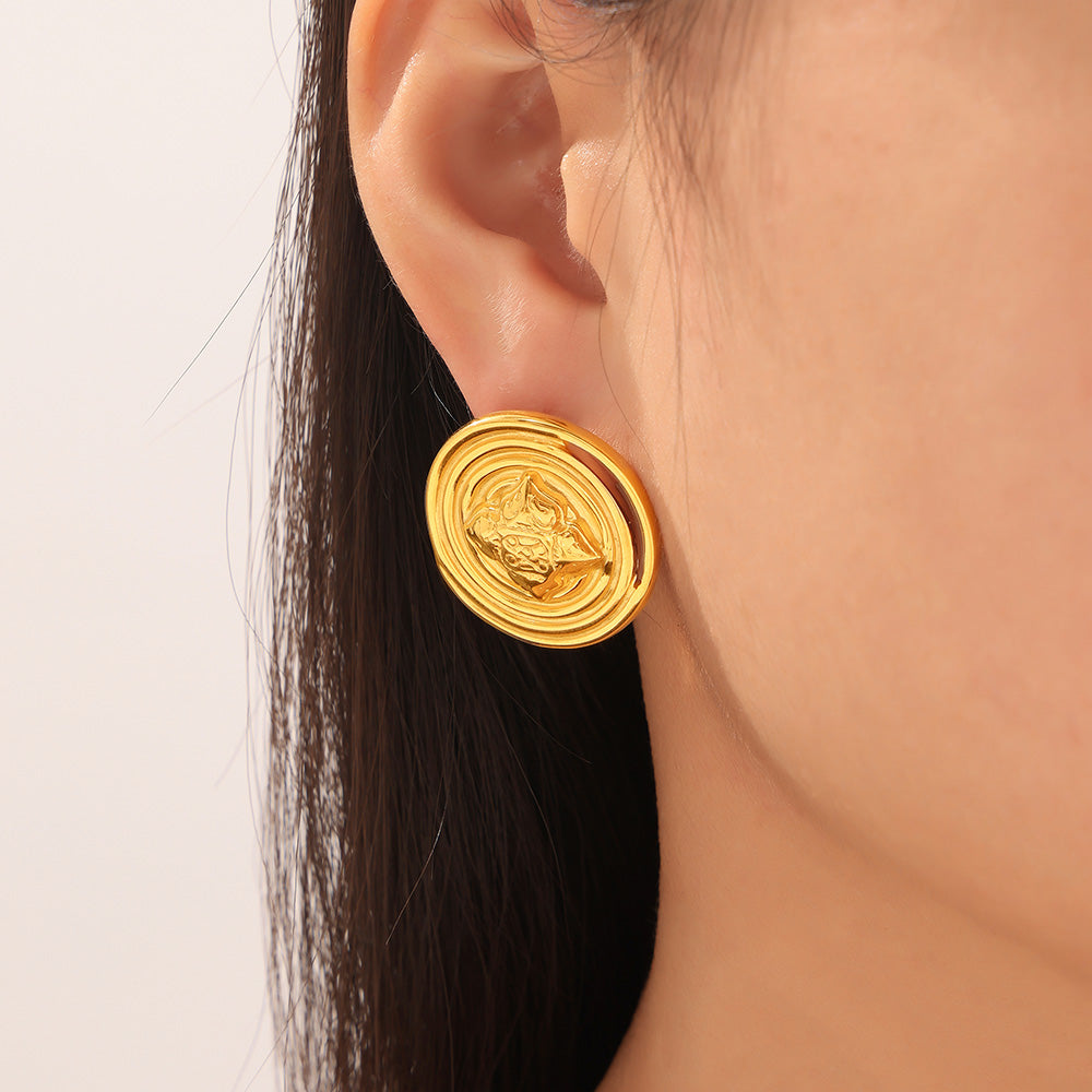 Personality Ins Style Niche Jewelry Texture Round Brand Design Sense Geometric Pattern Stainless Steel Gold-plated Stud Earrings