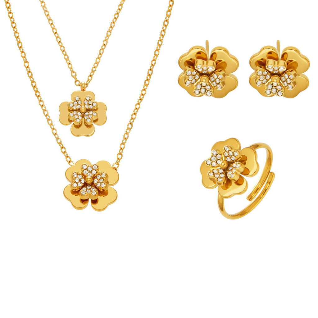 Mystery Stainless Steel Three Dimensional Five Leaf Clover Zircon Pendant Necklace 18k Gold Plated Bamboo Chain European