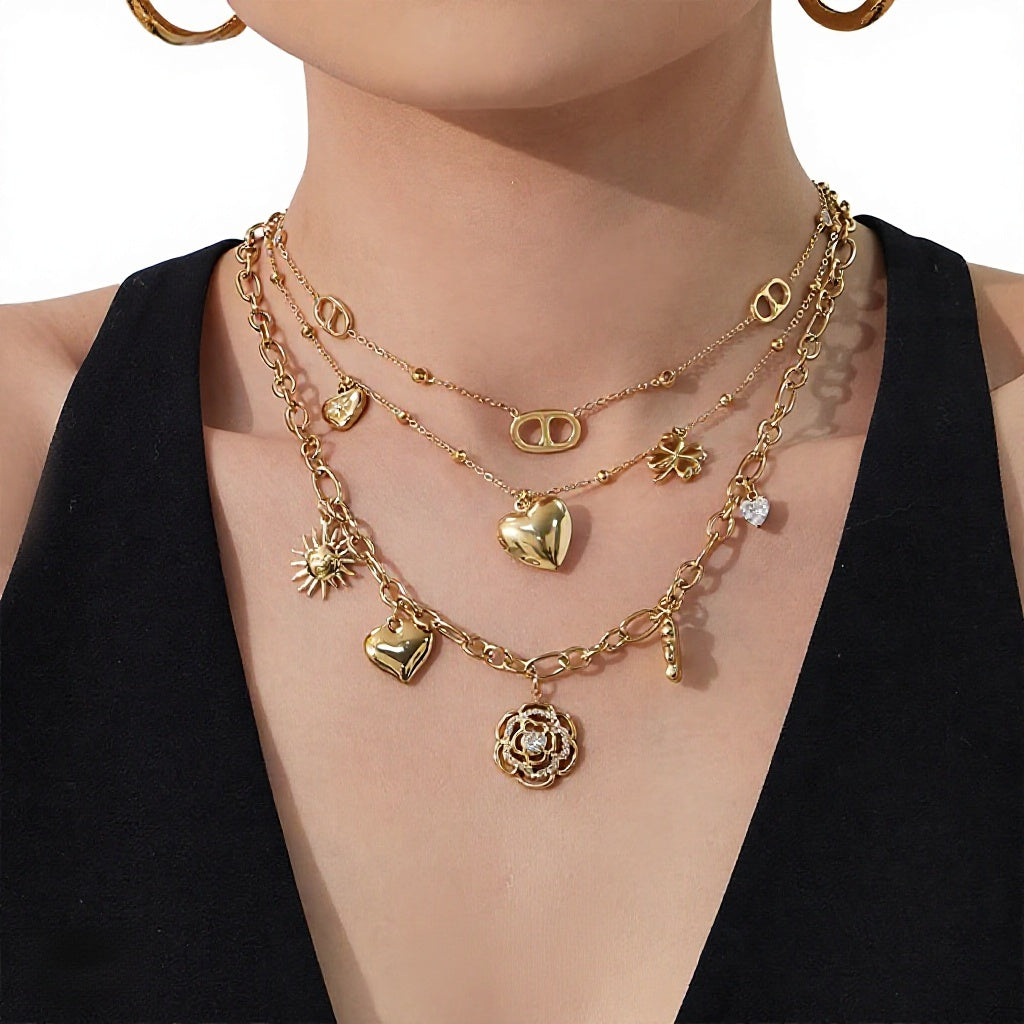 Romantic French Style Rose Flower Zirconia Double Heart Necklace Women Layering Choker Chain Luxury Full Diamond Gift for Her
