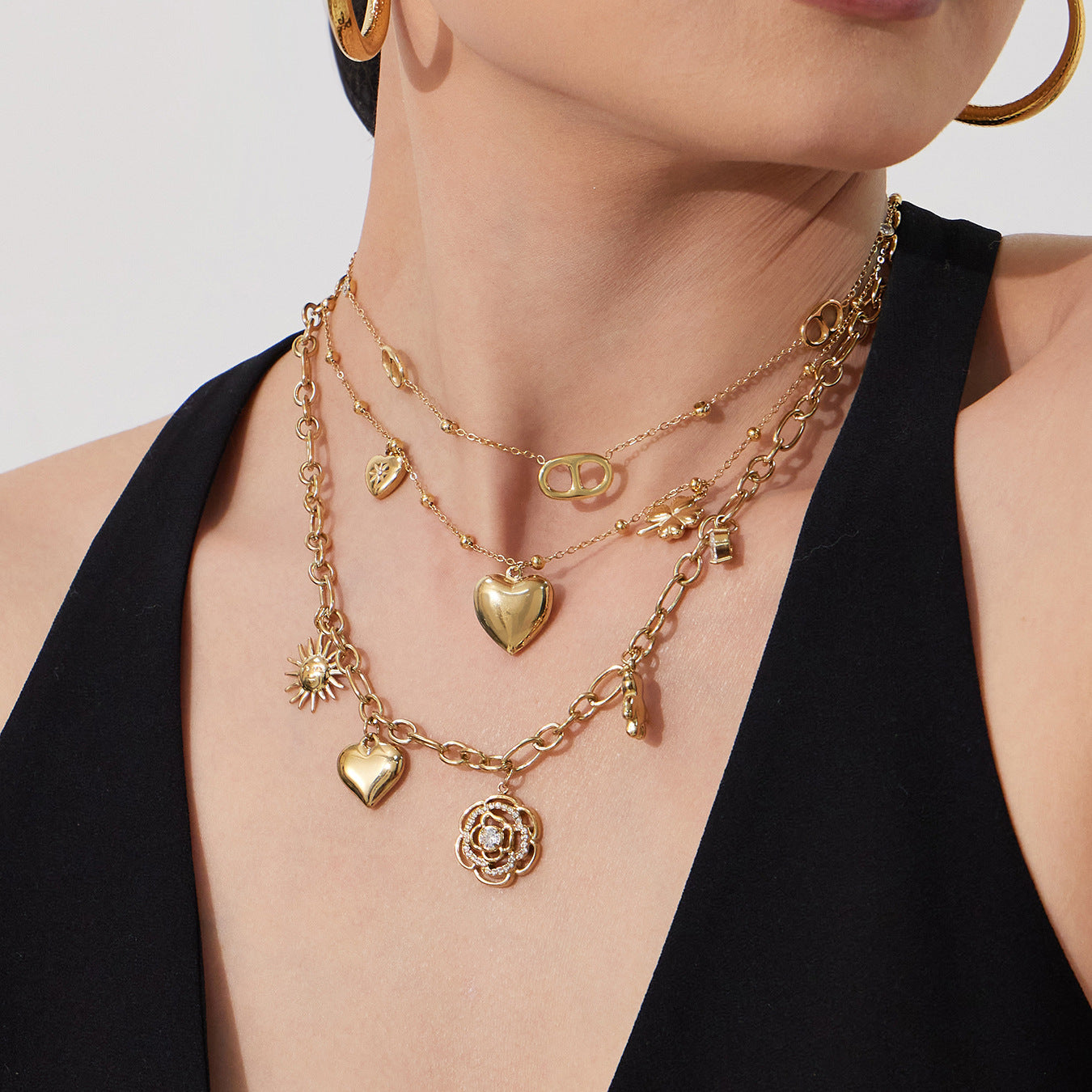 Romantic French Style Rose Flower Zirconia Double Heart Necklace Women Layering Choker Chain Luxury Full Diamond Gift for Her