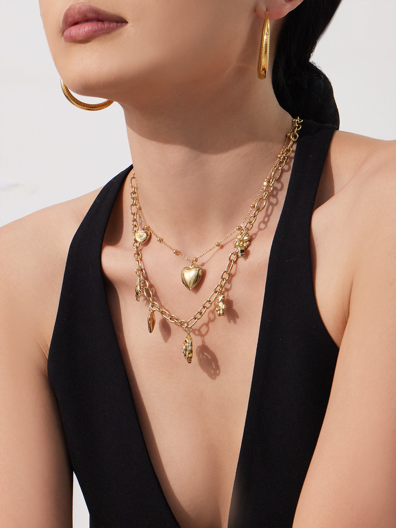 Romantic French Style Rose Flower Zirconia Double Heart Necklace Women Layering Choker Chain Luxury Full Diamond Gift for Her