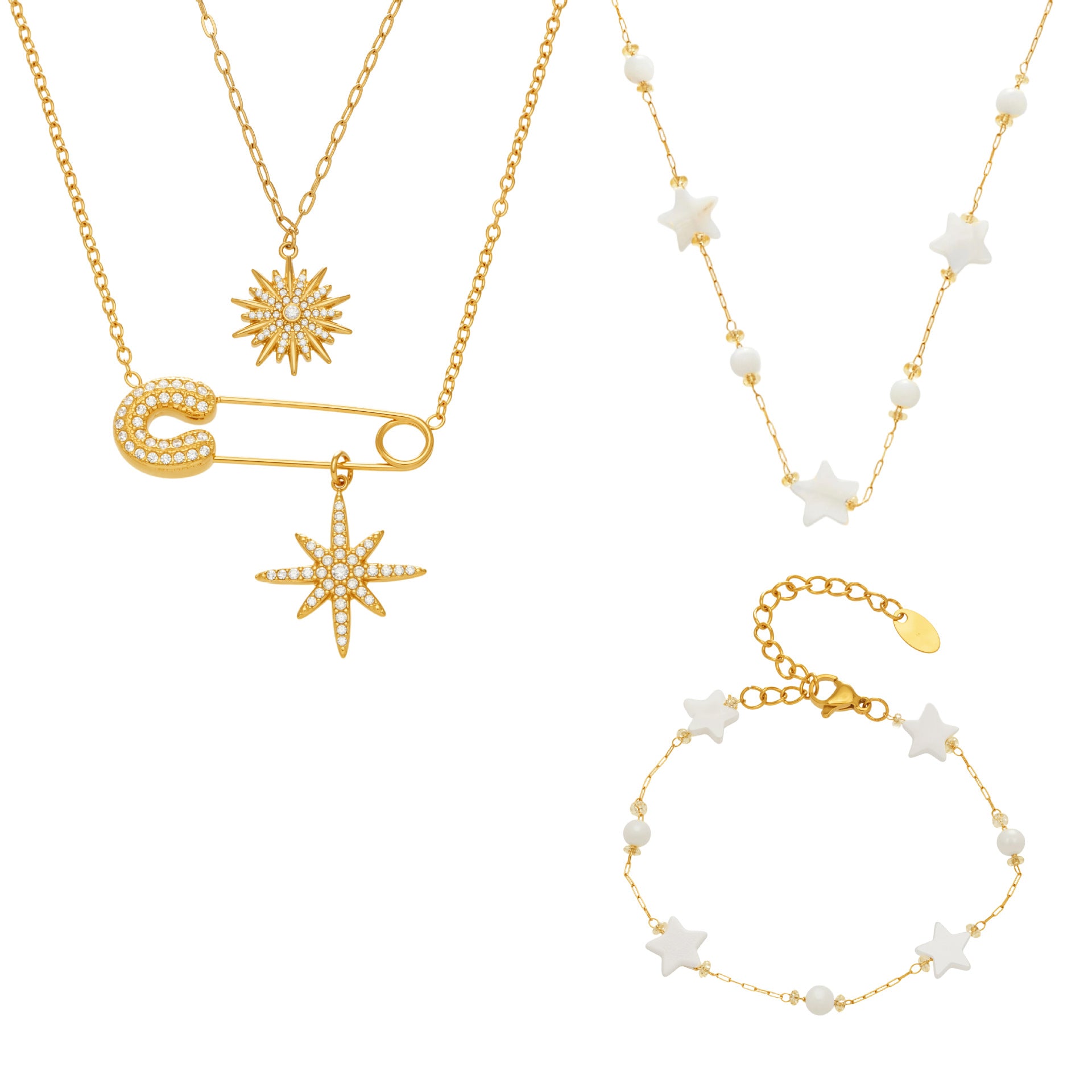 2026 New Fashion 5A Zircon Sunflower Pendant Necklace with Shell Star Bracelet Set Sparkling Eight-Pointed Star Gift for Women
