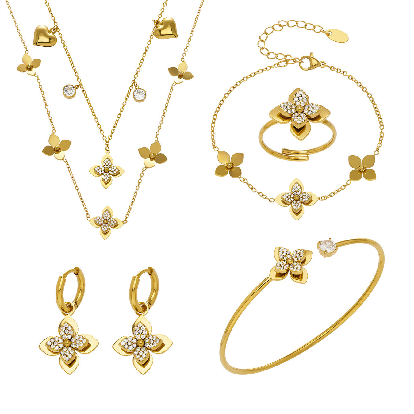 Fashion Stainless Steel 3D FIve Jewelry Set PVD Gold Plated Complete Gift Set