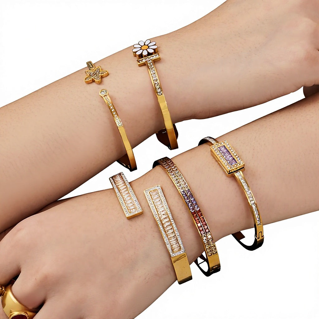 Fashion  Zirconia Daisy Tennis Stainless Steel Flash Shiny Row Diamond Cartilage Cuff Bangle Gift for Her