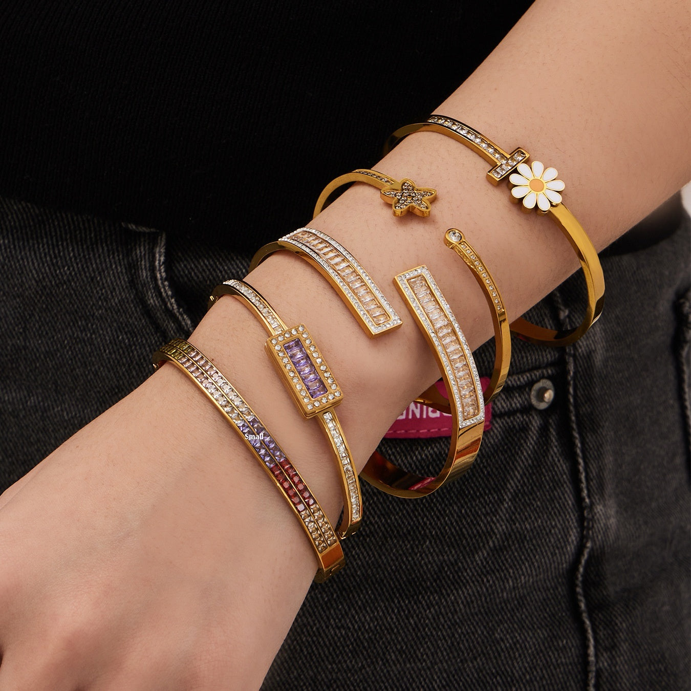 Fashion  Zirconia Daisy Tennis Stainless Steel Flash Shiny Row Diamond Cartilage Cuff Bangle Gift for Her