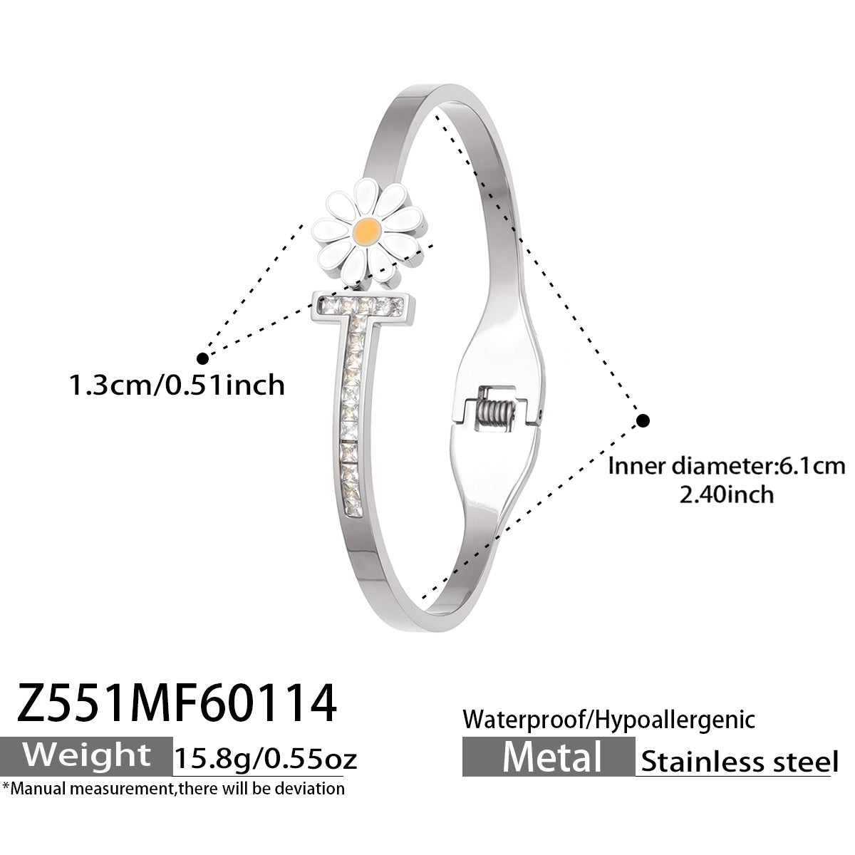 Fashion  Zirconia Daisy Tennis Stainless Steel Flash Shiny Row Diamond Cartilage Cuff Bangle Gift for Her
