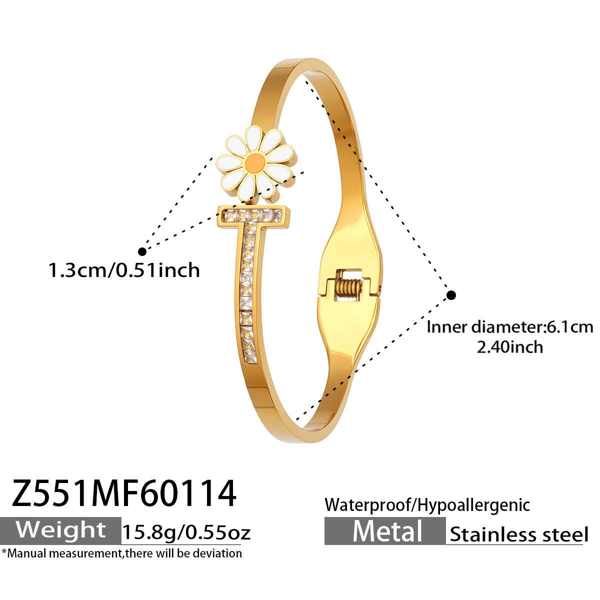 Fashion  Zirconia Daisy Tennis Stainless Steel Flash Shiny Row Diamond Cartilage Cuff Bangle Gift for Her