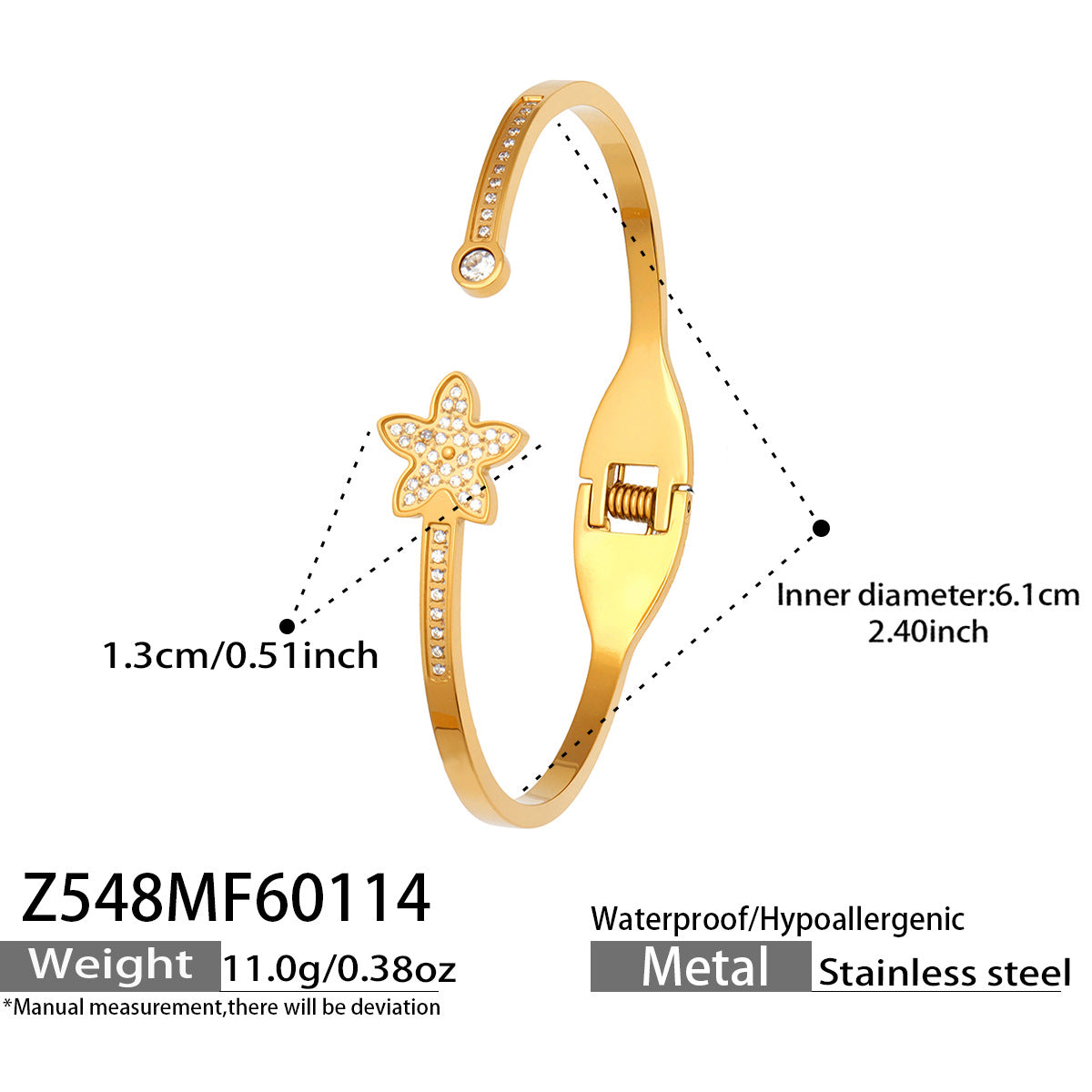 Fashion  Zirconia Daisy Tennis Stainless Steel Flash Shiny Row Diamond Cartilage Cuff Bangle Gift for Her