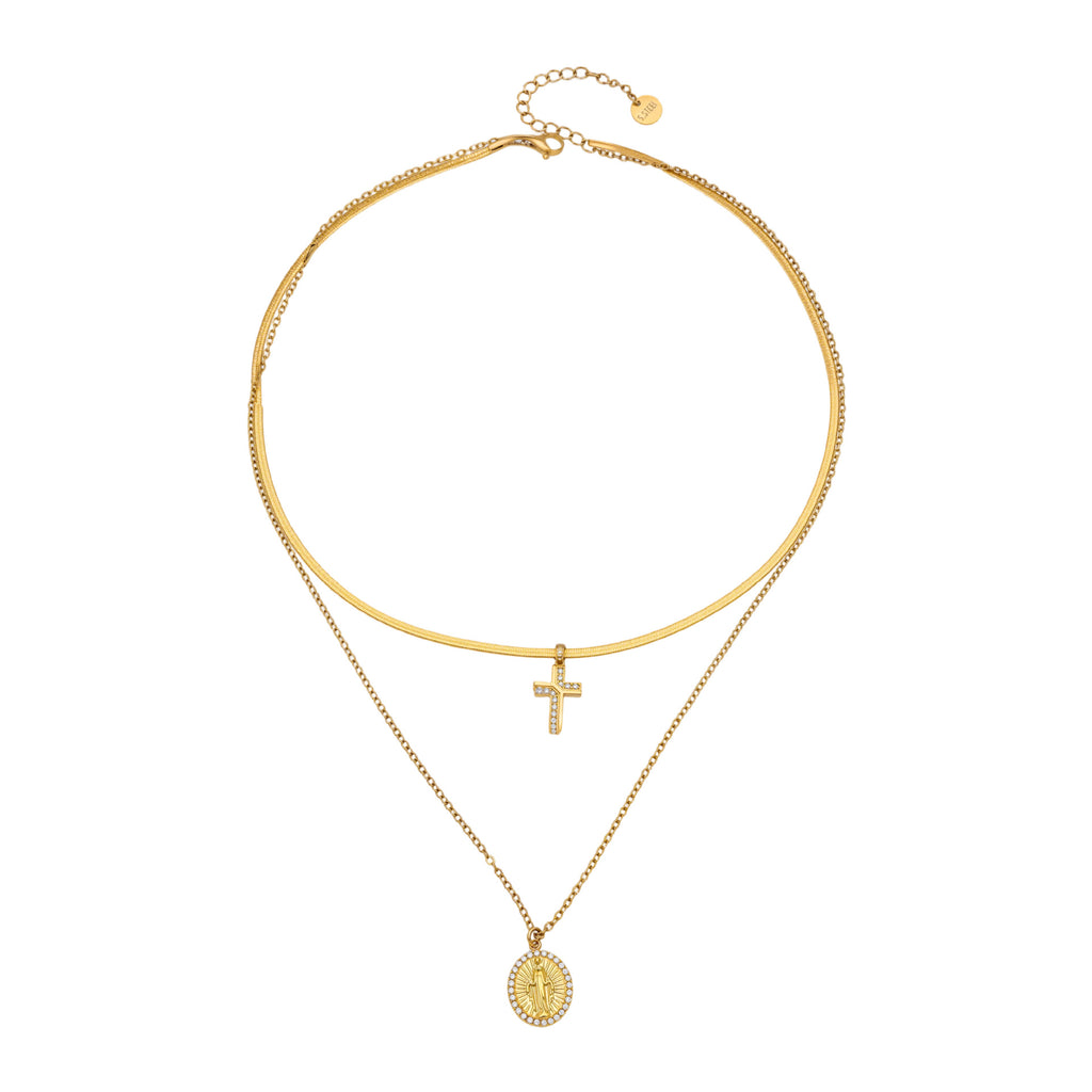 Fashion Stainless Steel Goddess Round Pendant Necklace with Zirconia Cross Charm Double Layer Blade Chain Layering Choker Collar