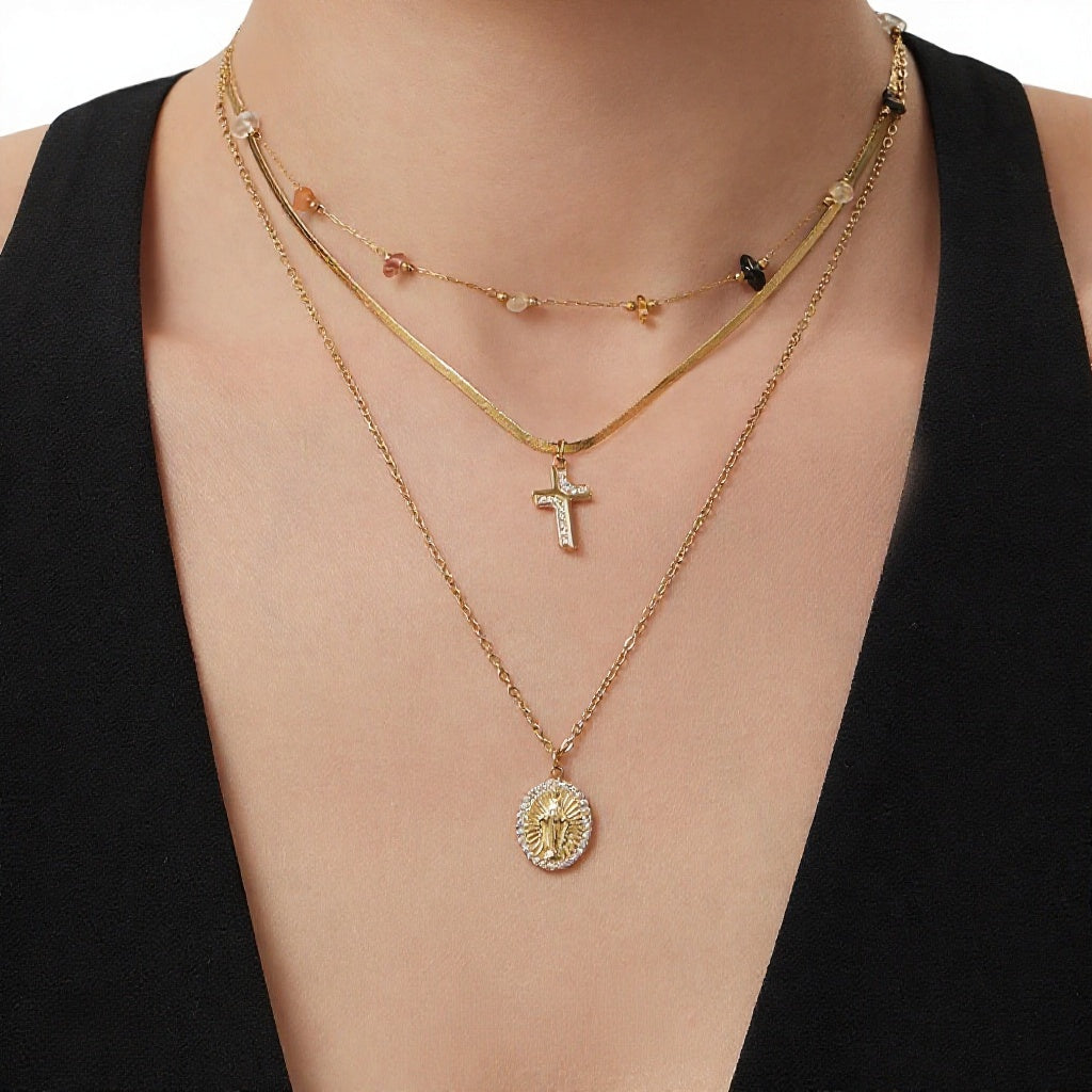 Fashion Stainless Steel Goddess Round Pendant Necklace with Zirconia Cross Charm Double Layer Blade Chain Layering Choker Collar