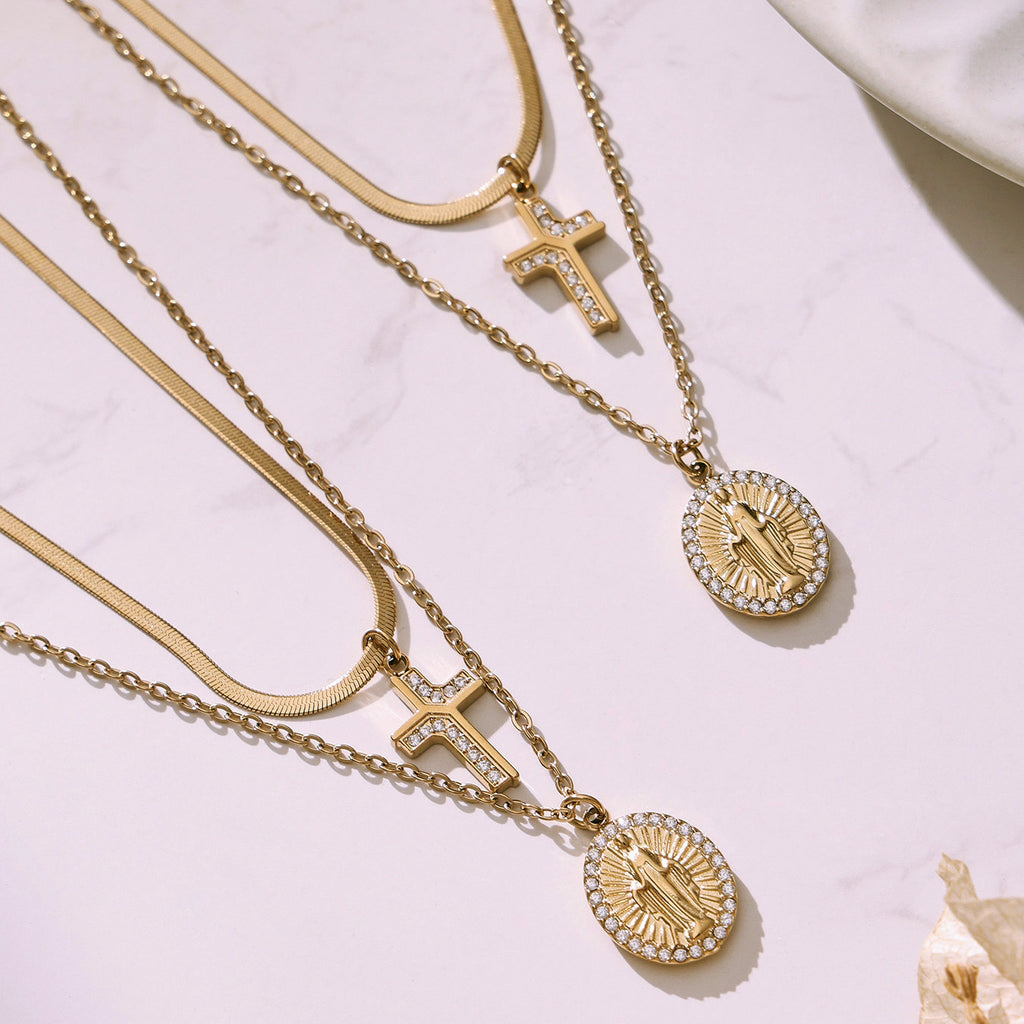 Fashion Stainless Steel Goddess Round Pendant Necklace with Zirconia Cross Charm Double Layer Blade Chain Layering Choker Collar