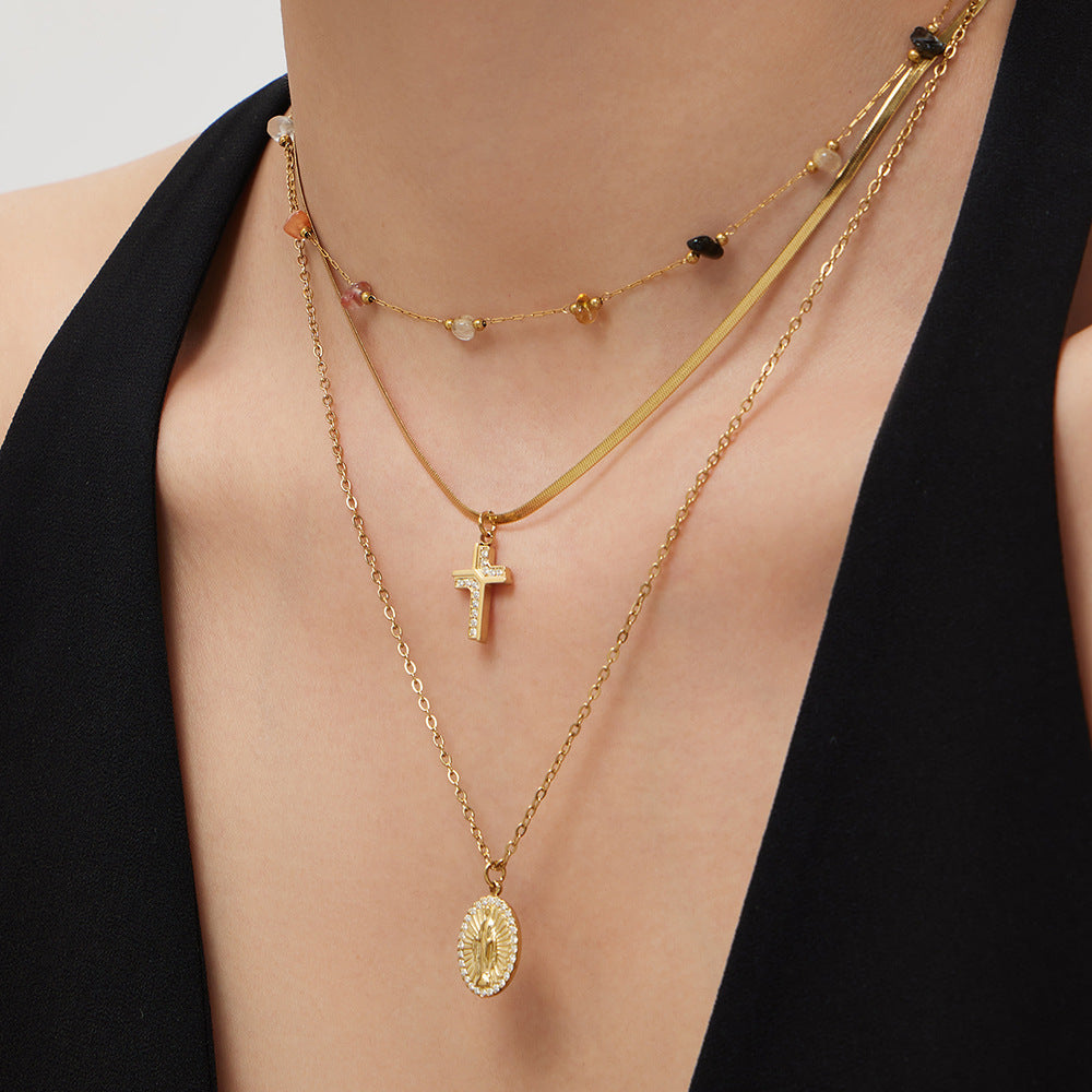 Fashion Stainless Steel Goddess Round Pendant Necklace with Zirconia Cross Charm Double Layer Blade Chain Layering Choker Collar