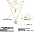 Fashion Stainless Steel Goddess Round Pendant Necklace with Zirconia Cross Charm Double Layer Blade Chain Layering Choker Collar