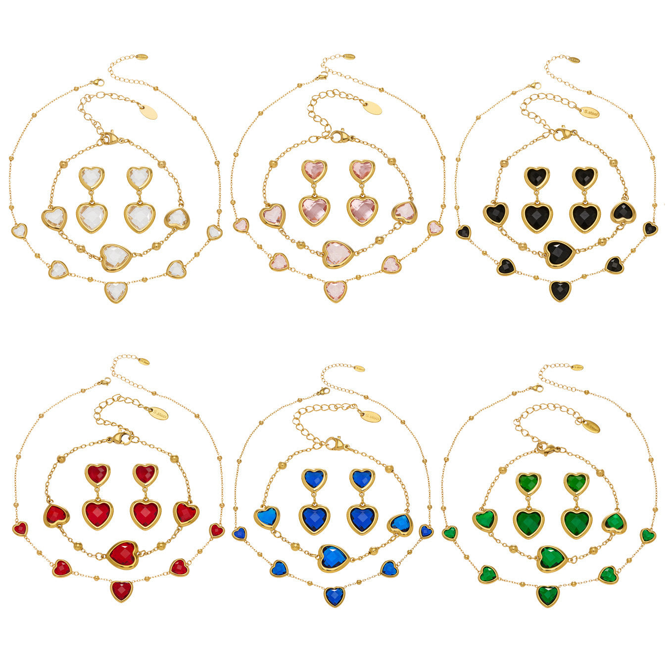 Multi Color Heart Glass Stone Necklace Bracelet Set 18K Gold Plated Stainless Steel Romantic Jewelry Gift