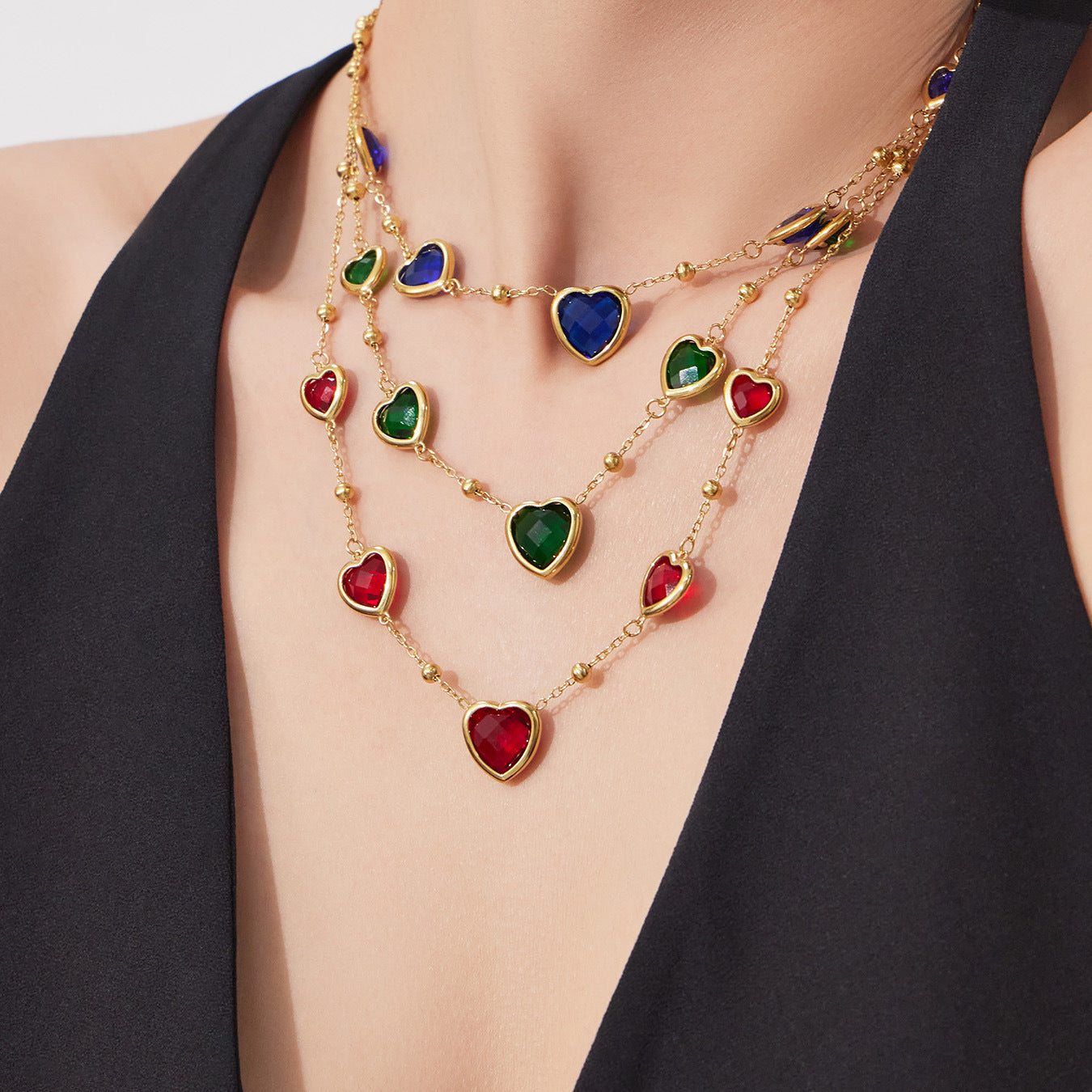 Multi Color Heart Glass Stone Necklace Bracelet Set 18K Gold Plated Stainless Steel Romantic Jewelry Gift