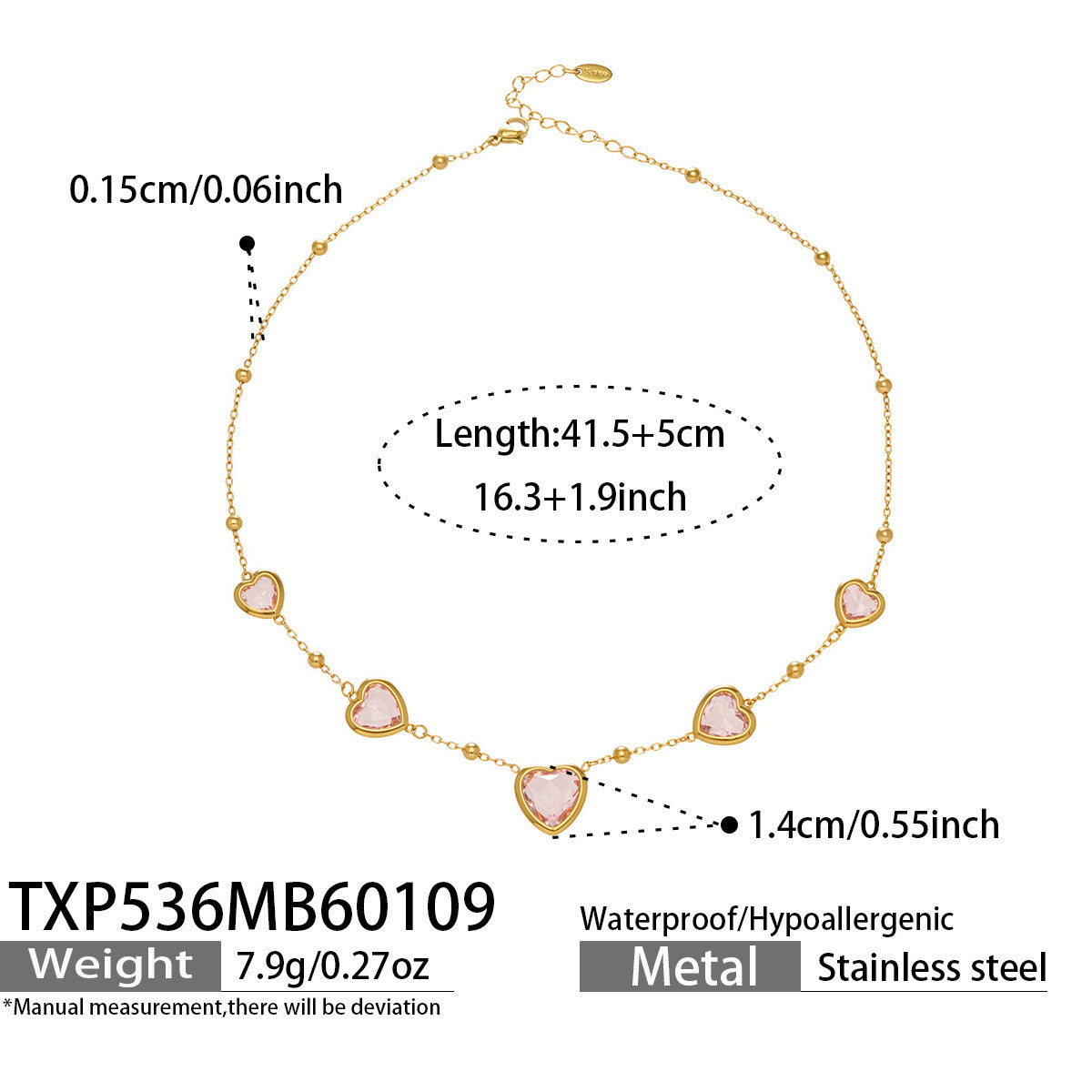 Multi Color Heart Glass Stone Necklace Bracelet Set 18K Gold Plated Stainless Steel Romantic Jewelry Gift