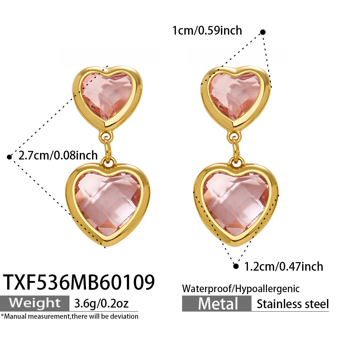 Multi Color Heart Glass Stone Necklace Bracelet Set 18K Gold Plated Stainless Steel Romantic Jewelry Gift