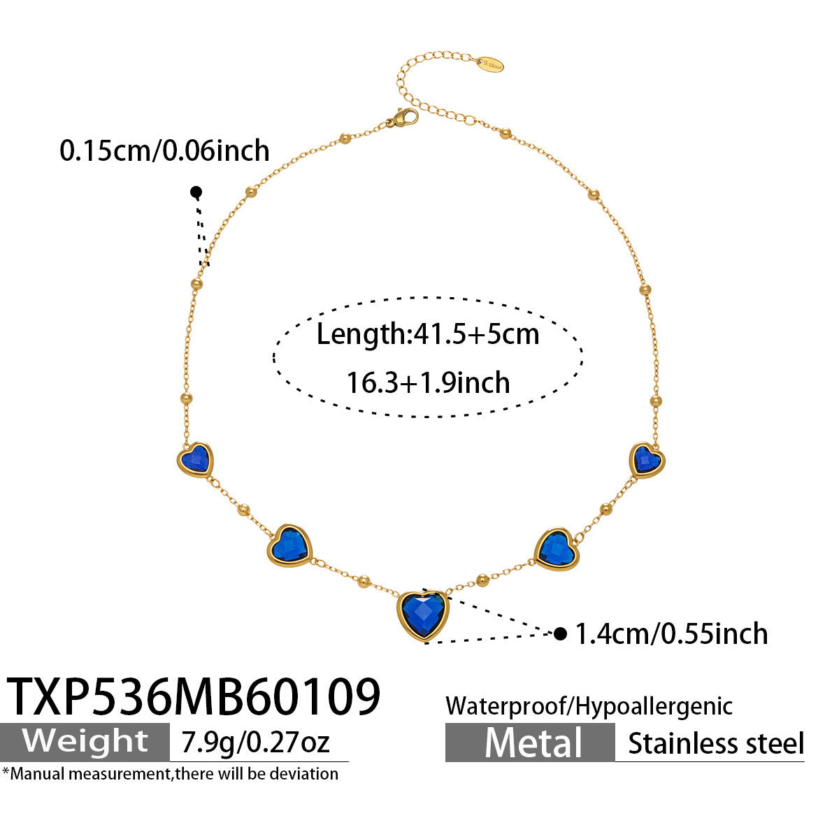 Multi Color Heart Glass Stone Necklace Bracelet Set 18K Gold Plated Stainless Steel Romantic Jewelry Gift