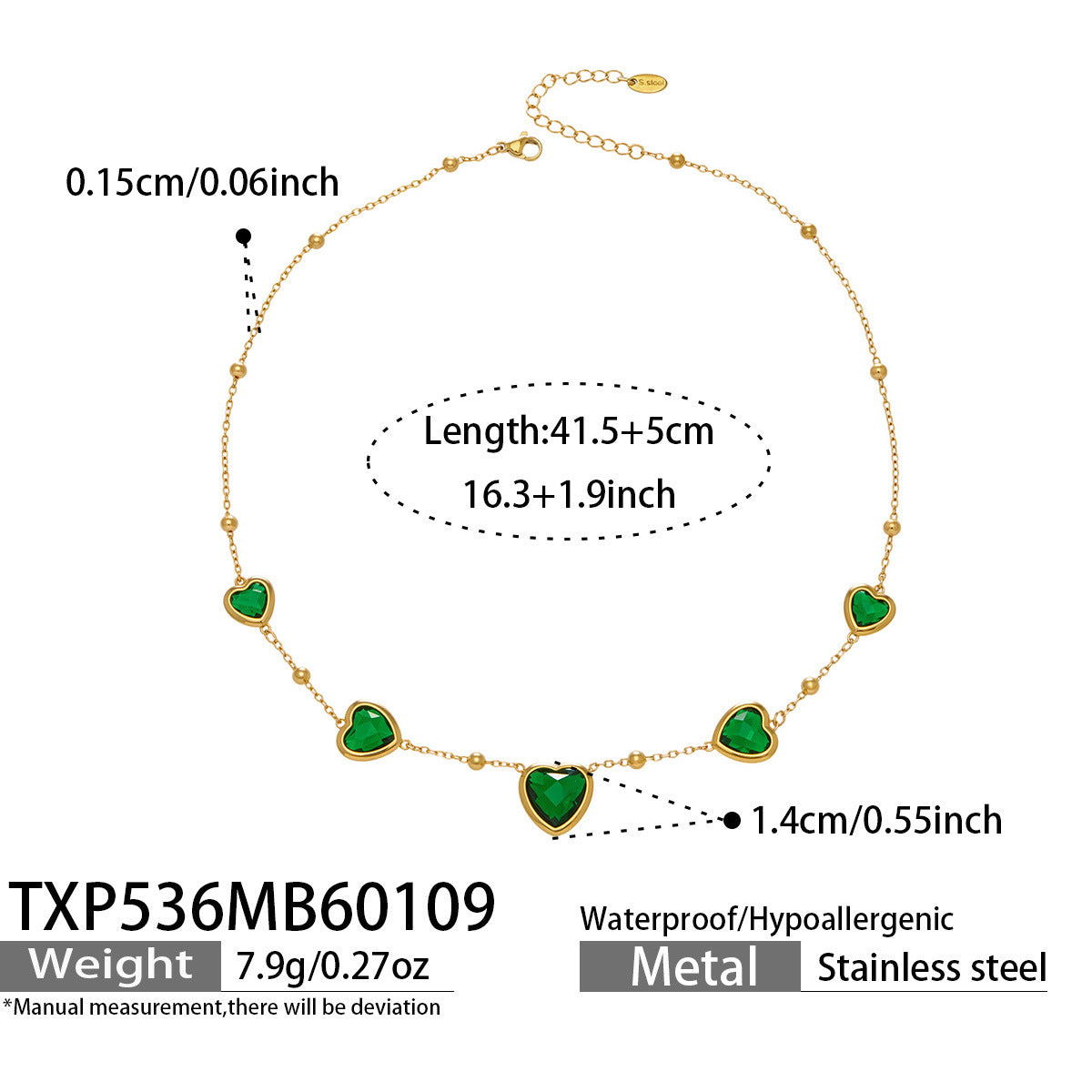 Multi Color Heart Glass Stone Necklace Bracelet Set 18K Gold Plated Stainless Steel Romantic Jewelry Gift
