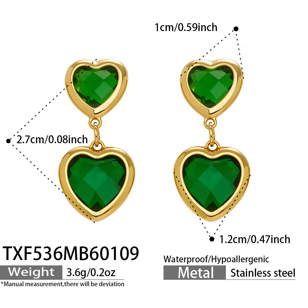 Multi Color Heart Glass Stone Necklace Bracelet Set 18K Gold Plated Stainless Steel Romantic Jewelry Gift