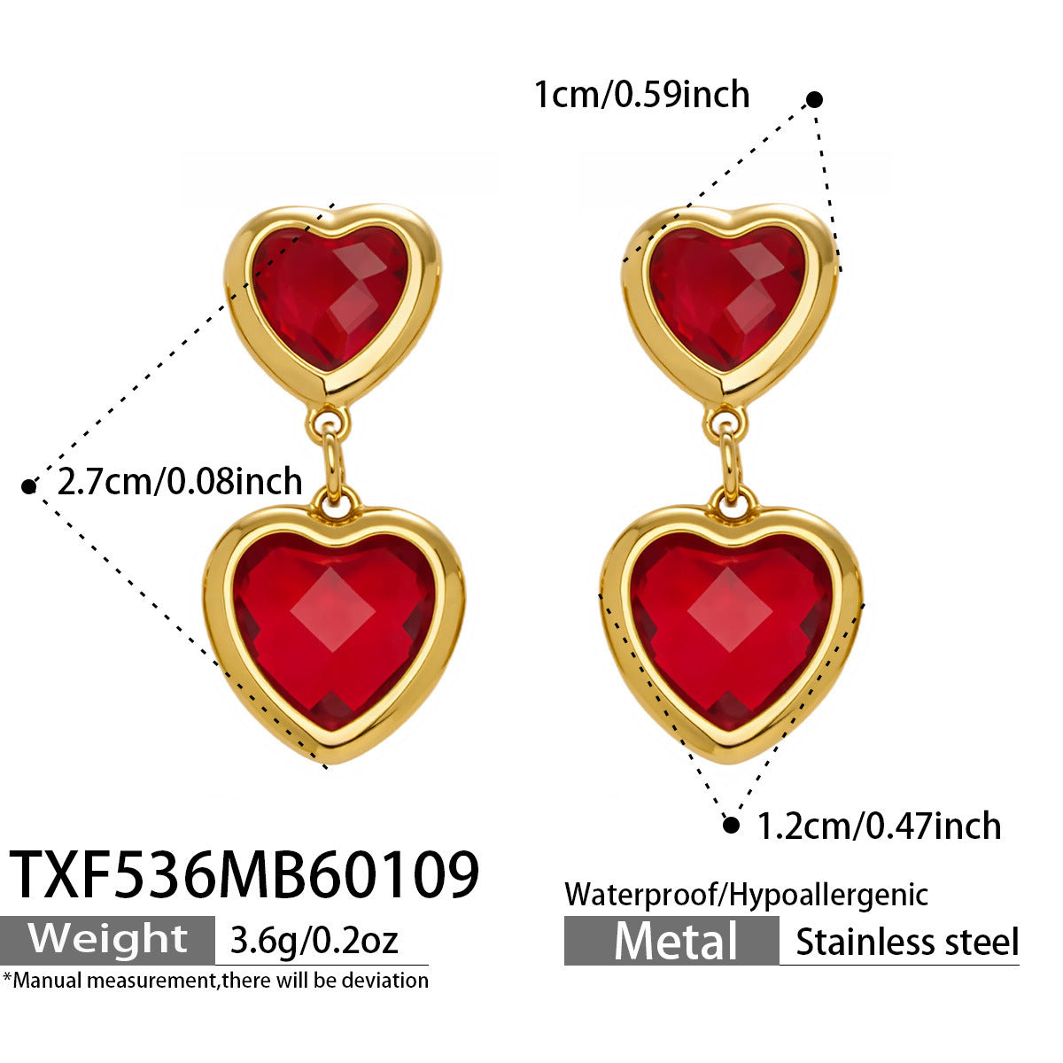 Multi Color Heart Glass Stone Necklace Bracelet Set 18K Gold Plated Stainless Steel Romantic Jewelry Gift