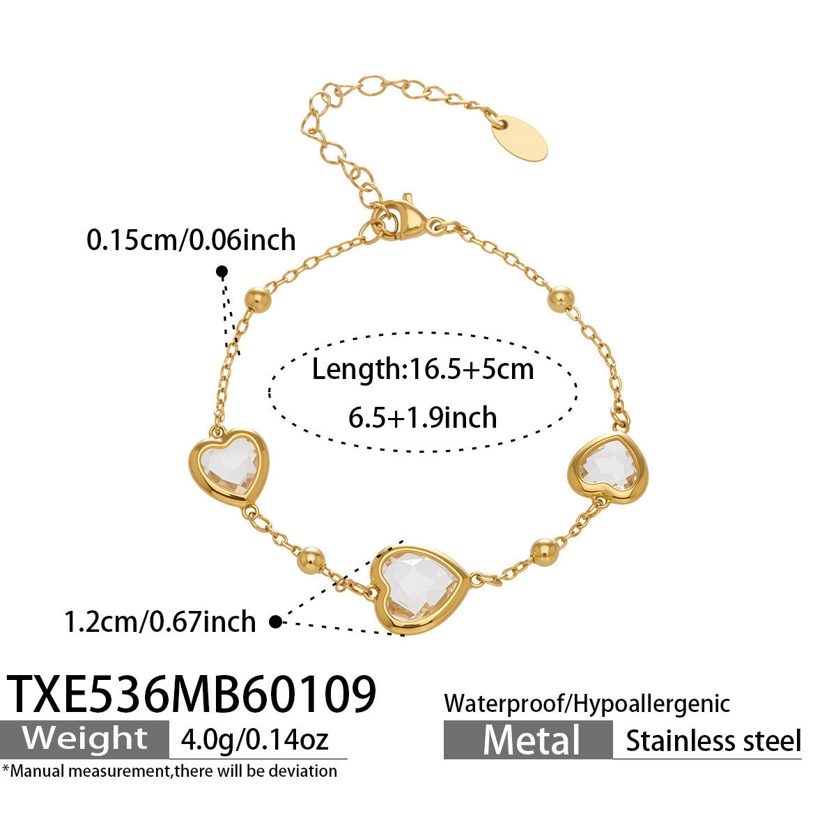 Multi Color Heart Glass Stone Necklace Bracelet Set 18K Gold Plated Stainless Steel Romantic Jewelry Gift